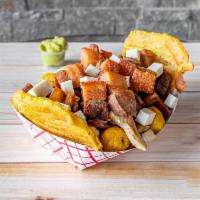 Super Picada · French fries, criollas potatoes, grilled beef and chicken, chopped sausage, fried pork belli...