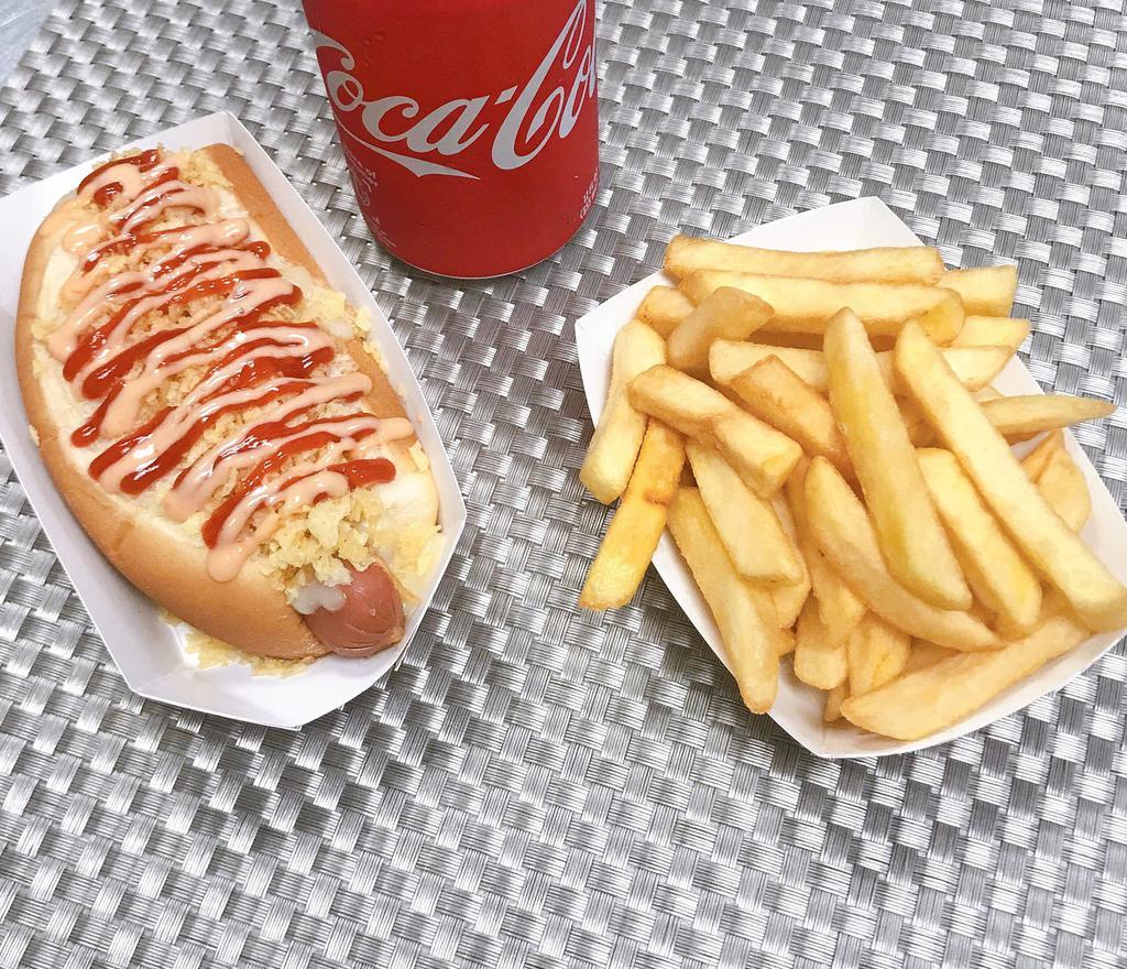 Hot Dog Combo · Small hot dog, fries and soda.