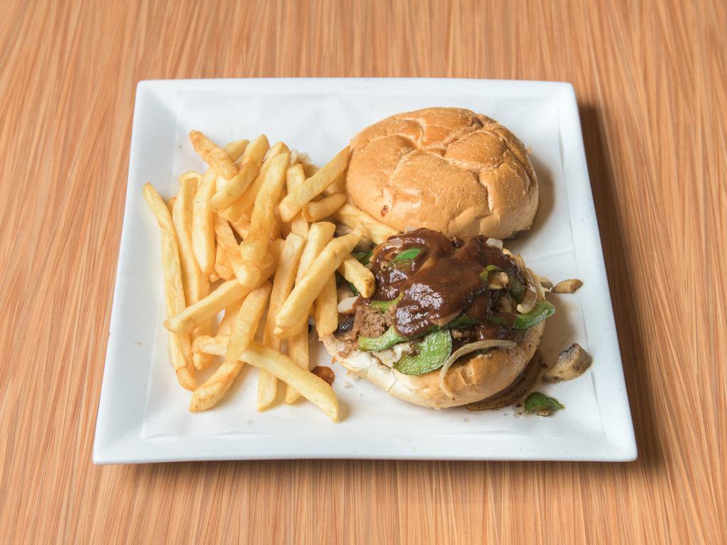 Philly Burger · Grilled hamburger topped with mushroom onion peppers and shaved steak and melted cheese with A1 sauce on a toasted bun served with fries.
