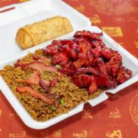 11. Pu Pu Plater with Roast Pork Fried Rice · 2 pieces of jumbo shrimp, 2 pieces of chicken teriyaki, 2 pieces of egg roll, 4 pieces of cr...