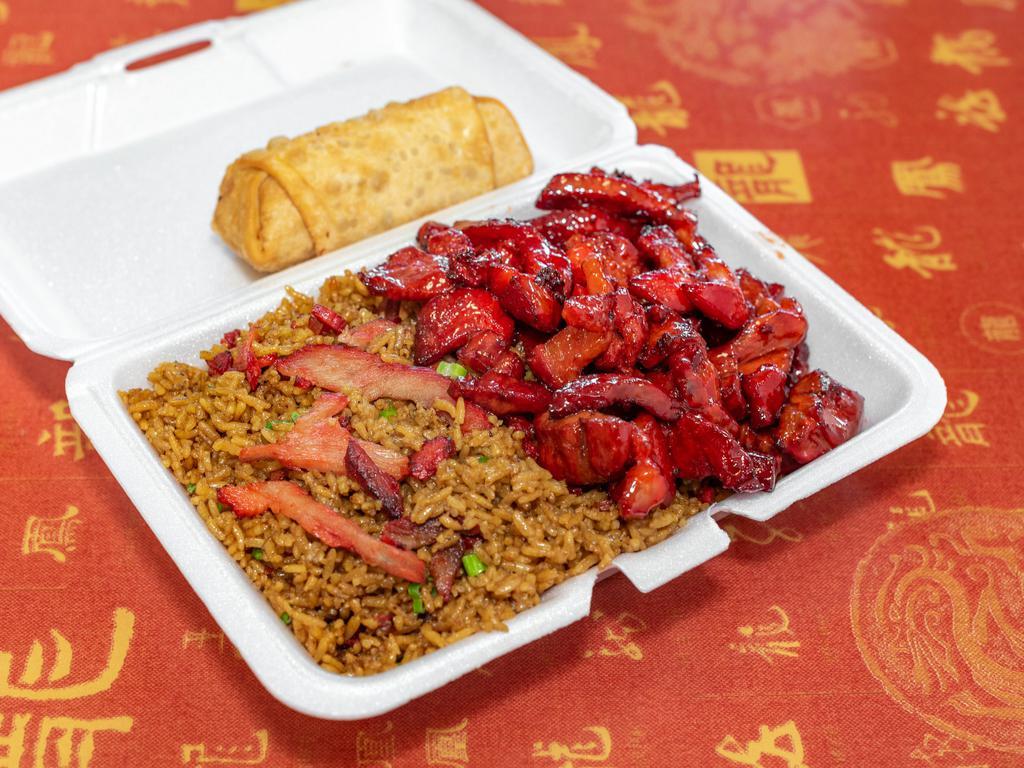 11. Pu Pu Plater with Roast Pork Fried Rice · 2 pieces of jumbo shrimp, 2 pieces of chicken teriyaki, 2 pieces of egg roll, 4 pieces of crab rangoon, 2 pieces of chicken wings, 2 pieces of spare ribs, 6 pieces of chicken fingers, and 2 pieces of fried scallop.