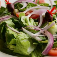 Bambi’s House Salad · Fresh romaine lettuce, sliced tomatoes, red onions, Kalamata and green stuffed olives served...