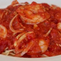Shrimp Fra Diavolo · Fresh shrimp pan sautéed with spicy fra diavolo sauce, served over pasta with 3 garlic rolls.