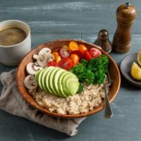 Vegan's Choice Bowl · Oatmeal, mushroom, broccoli, avocado, warm cherry tomato, and balsamic vinegar.