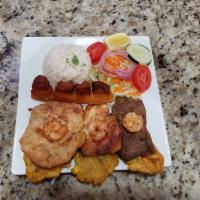 Plato la abundancia  · Pork, beef,  chicken, shrimp, green plantains, rice, beans and salad 