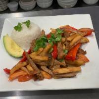 Meat  salteada  · choice of beef, chicken or pork sauteed with red pepper, onion, sauteed French fries, comes ...