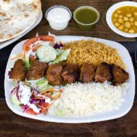 Beef Kabob Platter · Served with fresh baked, steamed basmati rice and salad.