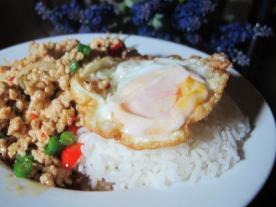Kra Prao Kai with Kai Dao Special · Served over rice.