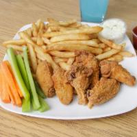 6 Piece Party Wing Combo · Served with fries, slaw, 16 oz. soft drink, choice of flavor and dip sauce.