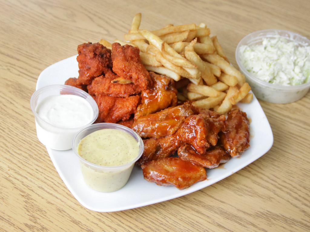 20 Piece Party Wing Combo · Served with large fries, 8 oz. slaw, choice of 2 flavor and 2 dipping sauce.