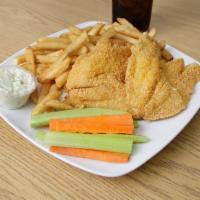 2 Piece Tilapia Combo · Served with fries, slaw and 16 oz. soft drink.