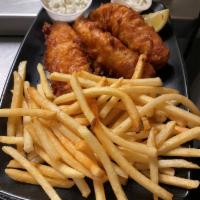 Fish and Chips · Beer battered cod served over a bed of golden french fries served with our homemade coleslaw