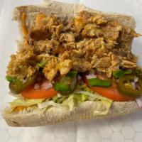 Chipotle Chicken Cheesesteak · Chick en cheesesteak, melted cheddar cheese, jalapenos, raw green peppers, lettuce, tomato, ...