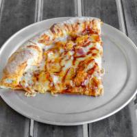 BBQ Chicken Pizza · Grilled chicken cutlets, BBQ sauce, onions, provolone, cheddar & mozzarella.