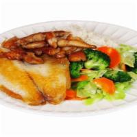 Chicken and Fish Combo · Served with mixed vegetable and rice.