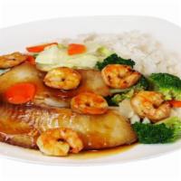 Fish and Shrimp Combo · Served with mixed vegetable and rice.