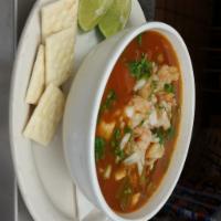 Caldo de Camaron y Pescado · Large 32 oz. Shrimp and tilapia soup.