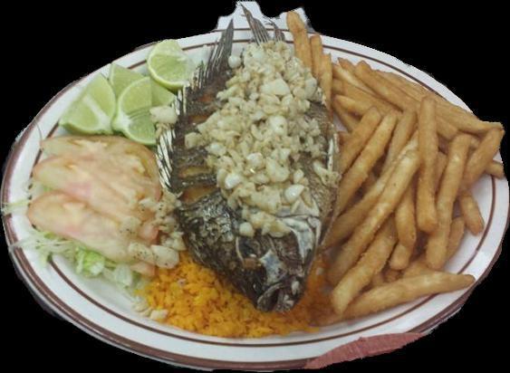 Mojarra  · Frito o al mojo de ajo. Fried whole tilapia with or without butter garlic sauce. Allow 15 minutes for preparation time.