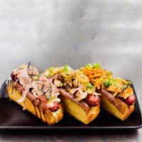 Pork and Kimchee Dog · Stir-fried chopped bacon, stonepot sauce butter, kimchee, cabbage and scallion