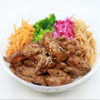 Galbi Chicken Bowl · Korean Style Marinated Chicken Thigh, Carrots, Broccoli, Pickled Red Cabbage, Bean Sprouts, ...