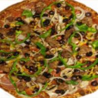 Mama Mia Works Pizza · Pepperoni, salami, linguica, mushrooms, onions, green peppers, black olives, sausage, beef, ...
