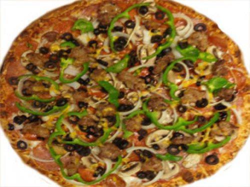 Mama Mia Works Pizza · Pepperoni, salami, linguica, mushrooms, onions, green peppers, black olives, sausage, beef, and cheese.