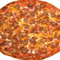 All Meat Pizza · Dry salami, linguica, pepperoni, sausage, American bacon, beef, and cheddar cheese.