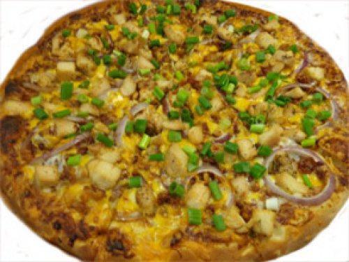 BBQ Chicken  Pizza · BBQ sauce, red onion, roasted chicken, American bacon, green onion, and cheddar cheese.
