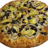 Pizza Opera · Pesto sauce, mozzarella cheese, mushrooms, red onion, black olives, and artichoke hearts.