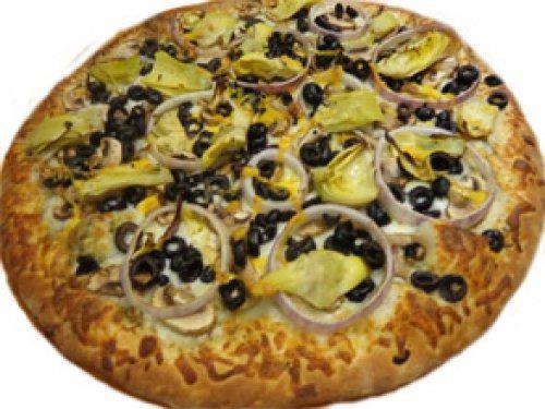 Pizza Opera · Pesto sauce, mozzarella cheese, mushrooms, red onion, black olives, and artichoke hearts.