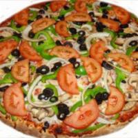Vegetarian Style Pizza · Fresh mushrooms, onions, green peppers, black olives, and fresh tomatoes. Vegetarian.