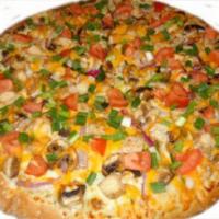 Garlic Chicken Pizza · Garlic white sauce, fresh mushrooms, red onions, roasted chicken, Roma tomatoes, green onion...