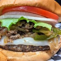 Philly Cheesesteak Cheeseburger · ½ lb hand-packed ground beef patty topped with provolone cheese, then topped with rib eye st...