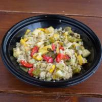 Quinoa Salad · Zesty quinoa with charred zucchini, yellow squash, green beans, red and green peppers, avoca...
