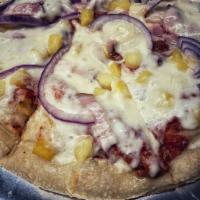 The Don Ho · Red sauce, smoked shoulder bacon, pineapple, red onion, shaved parmesan, mozzarella.
