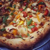 Yoshimi Battles the Pink Ribots · Spicy Ginger apricot sauce, marinated chicken, tricolor peppers, roasted garlic, scallion, s...