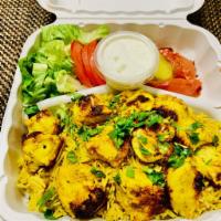 4. Chicken Kabab with Rice · Specially marinated in a blend of Mediterranean spices, chicken breast pieces are grilled ov...