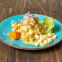 Ceviche Amarillo · Delicious yellow pepper sauce, choclo, cancha, and sweet potato. Add mix shrimp, octopus, an...