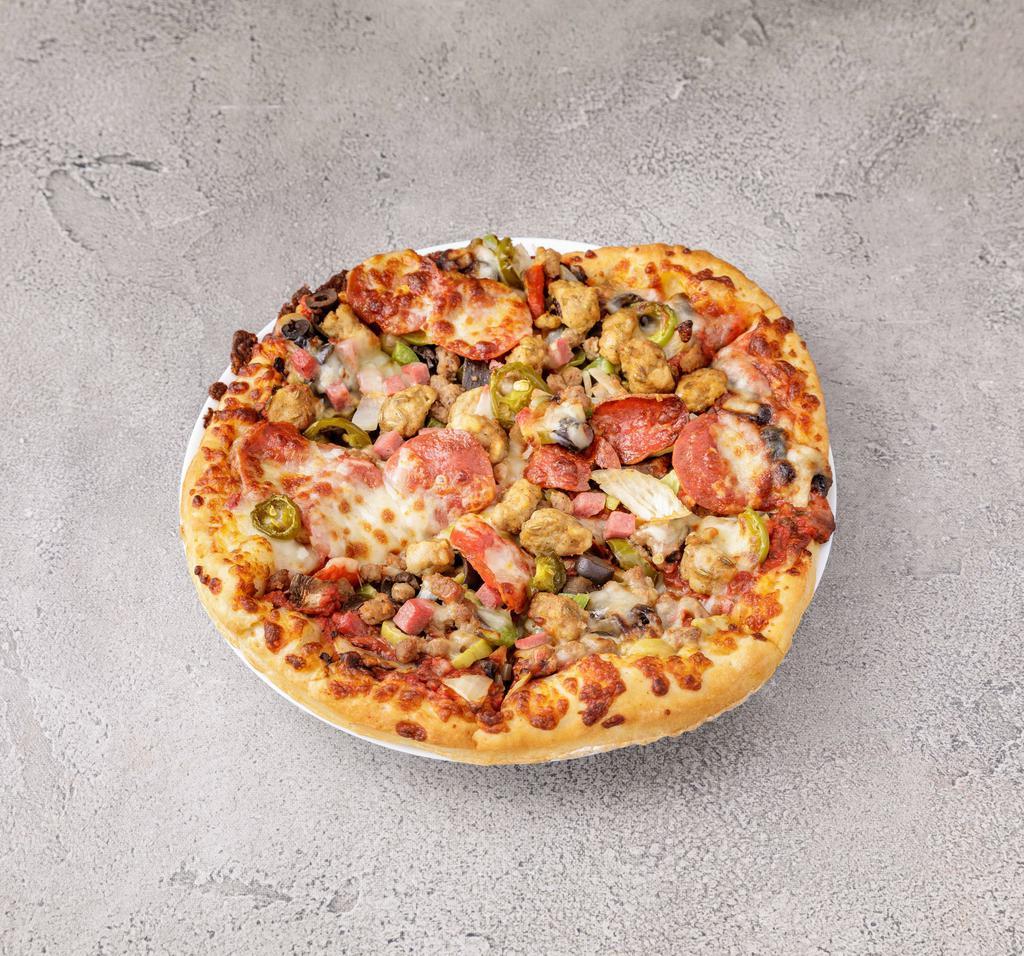 Valley Meal Buster Pizza · Pepperoni, sausage, beef, turkey ham, onions, mushrooms, green peppers, black olives, hot peppers and green olives, extra cheese and choice of crust.