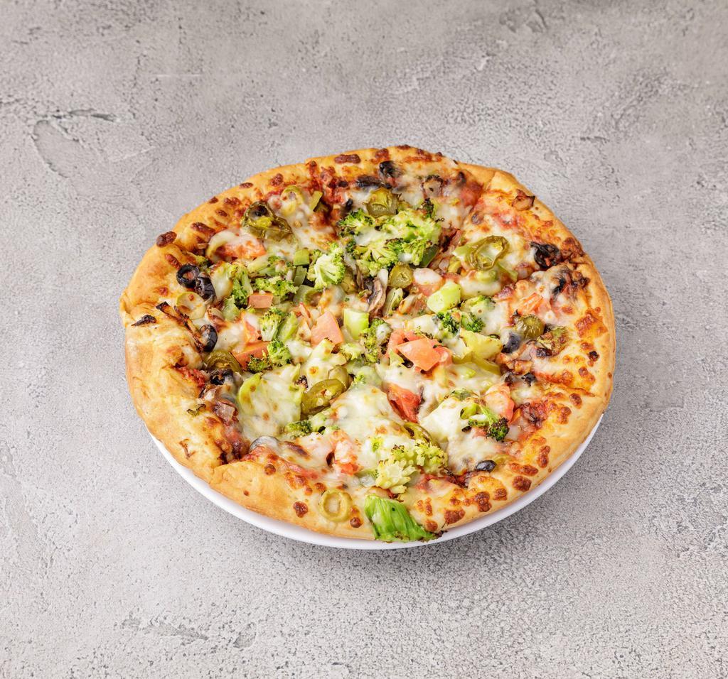 Valley Vegilicious Pizza · Mushrooms, onions, green peppers, black olives, green olives, tomatoes, broccoli, hot peppers, extra cheese and choice of crust.