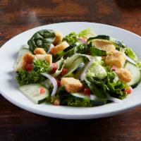 House Salad · Fresh greens, tomatoes, cucumbers, red onions and croutons. Tossed in choice of dressing. Av...