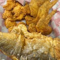 The Big Catch - 3 Wings, 2 Pieces Fish, 5 Shrimp Lunch · 3 pieces crispy whole chicken wings, 2 pieces fried fish (your choice) & 5 pieces  crispy fr...