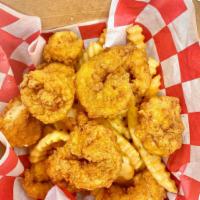 Big E's Shrimp Box - 10 Shrimp & Fries  · 10 pieces crispy fried shrimp & hand cut french fries. Add shrimp and crab for an additional...