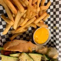 Grilled Veggie Hoagie · Grilled veggies, provolone cheese, topped with lettuce, tomato, and onion, with cherry peppe...