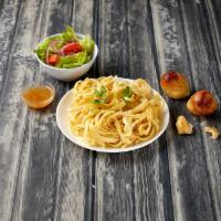 Fettuccine · Fettucine pasta tossed with Parmesan cheese and butter. Include with house salad and garlic ...