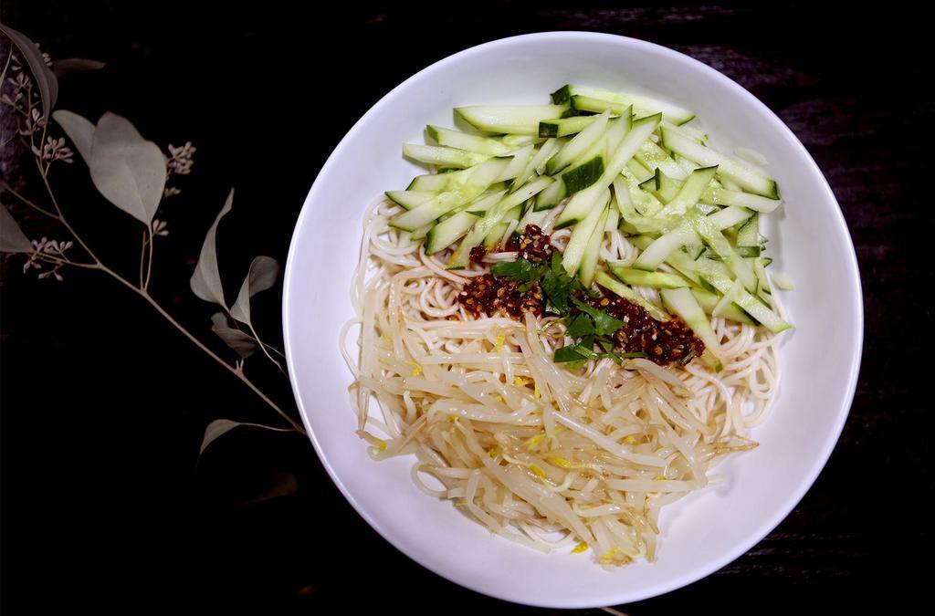 Noodle With Sauce · Wheat flour noodles, Cucumber, Sprout, and Cilantro, Chili oil and House sauces. (Vegan)