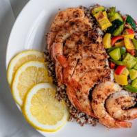 Pan Seared Shrimp · Skillet Seared Shrimp with Quinoa ＆ 
Seasonal Vegetables with Sweet Chili Glaze
