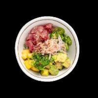 Ponzu Marinated Tuna Bowl · Jalapenos, red onions, mango, avocado, seaweed salad, ponzu sauce, house mayo, crispy shallo...