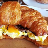 Egg, cheddar and Bacon Croisant · Buttery Croissant with Scrambled eggs, Cheddar Cheese and Bacon. You can substitute bacon fo...