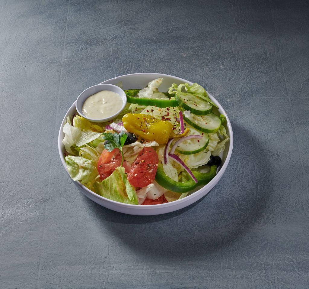 Garden Salad · Includes lettuce, tomatoes, onions, green peppers, cucumbers, black olives and pepperoncinis.